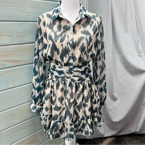 By Together NWT Large Blue and Cream Ruched Dress Long Sleeve and Ruffles